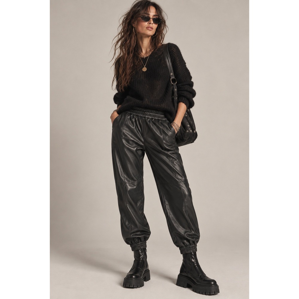 Babaton Faux Leather Joggers Womens 2 Black Minimalist Moto Edgy Streetwear Chic
